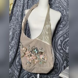 Floral Embroidered and Beaded Beige Tote Bag